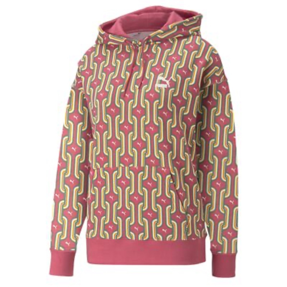 NWOT Puma Classic 70s Psychedelic AOP Pullover Hoodie Sweatshirt Dusty Orchid